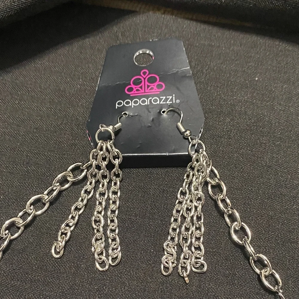 Paparazzi Silver Earings and Chain with Amber Pendant Necklace